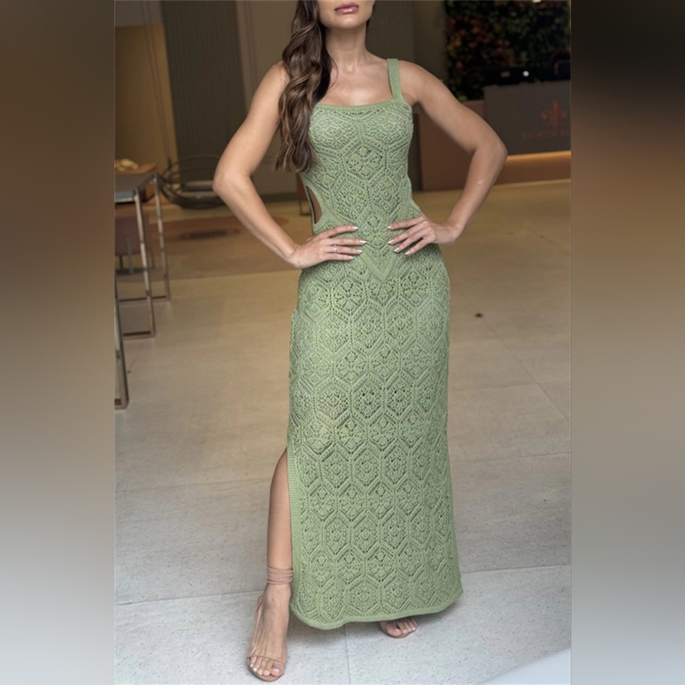 Elegant Green Lace Cutout Side Slit Maxi Tank Dress